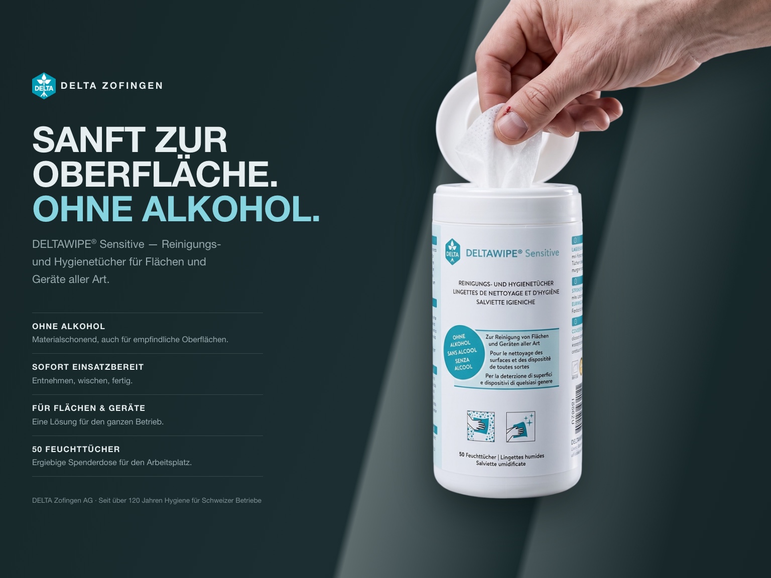 DELTAWIPE® Sensitive Key Visual — Sanft zur Oberfläche. Ohne Alkohol. Reinigungs- und Hygienetücher für Flächen und Geräte aller Art, 50 Feuchttücher, DELTA Zofingen