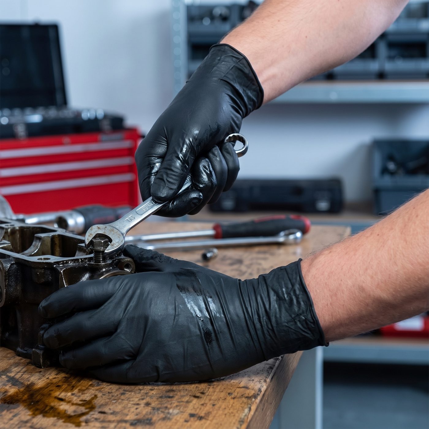 DELTASAFE — Werkstatt, Arbeit an öligem Motorteil mit Schraubenschlüssel