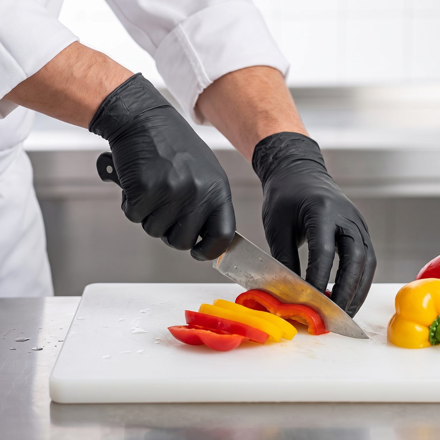 DELTASAFE — Küche, Gemüseschnitt mit schwarzen Nitrilhandschuhen
