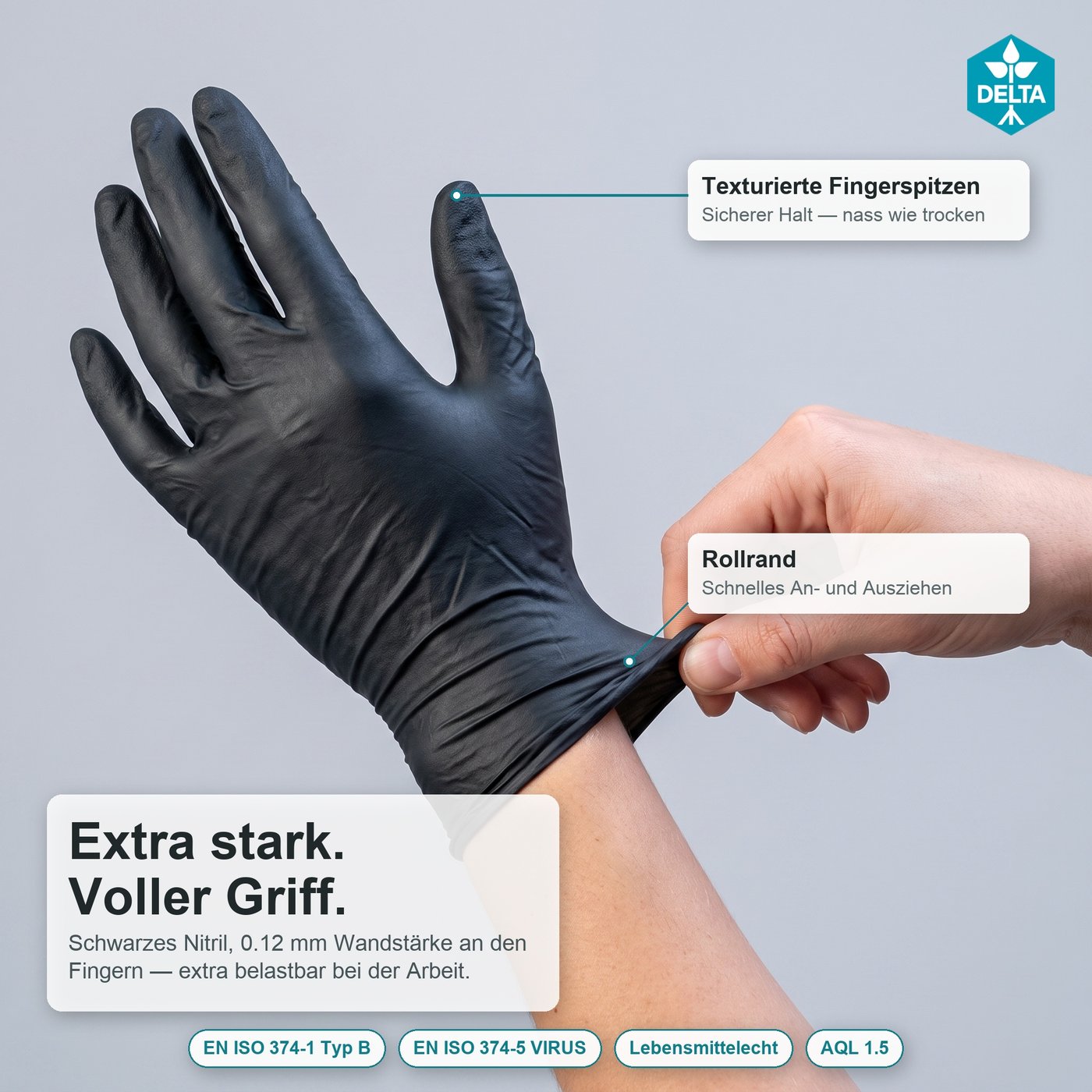 DELTASAFE NITRILE Plus Black — Infografik: Extra stark, voller Griff, EN-Normen
