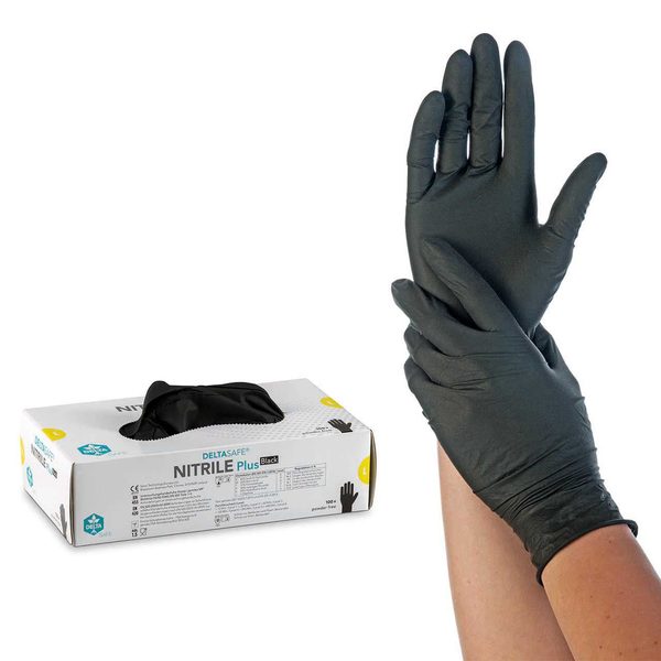 Reales Produktfoto — DELTASAFE NITRILE Plus Black Spenderbox und Handschuhe (Quelle)