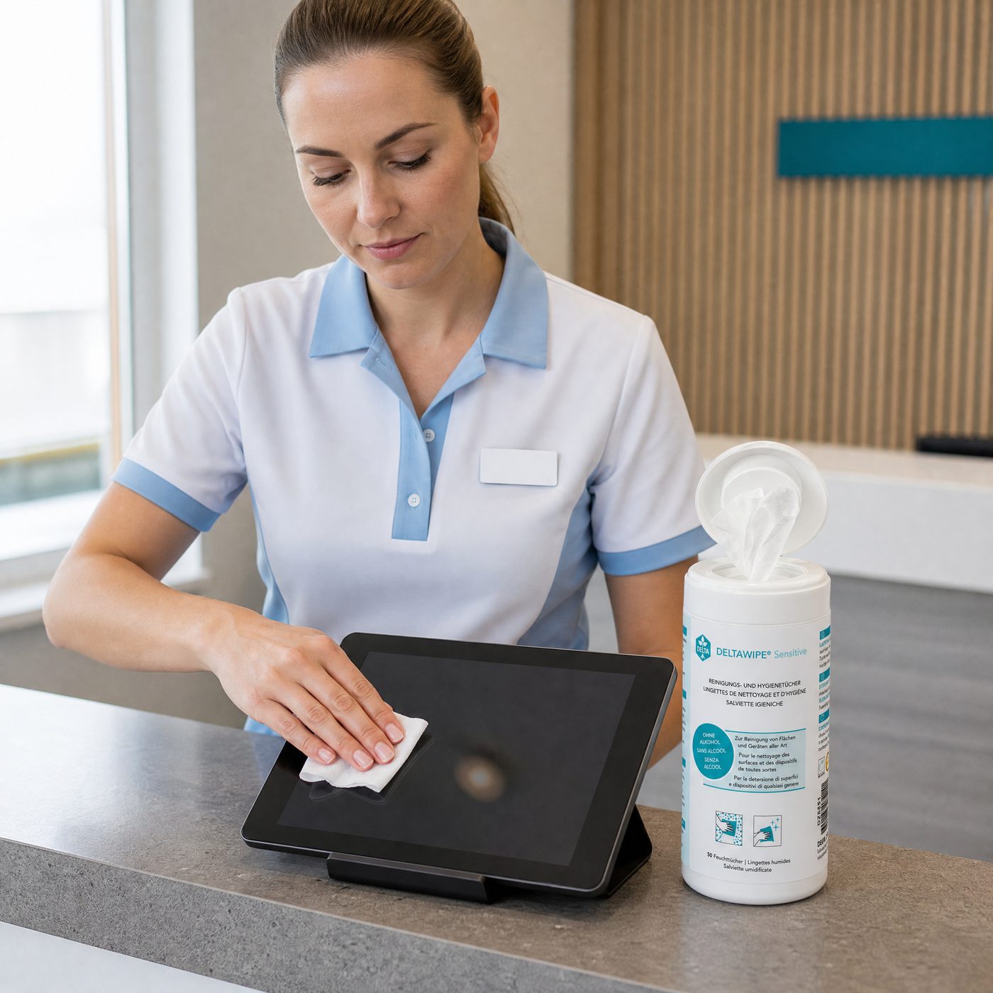 DELTAWIPE — Praxisempfang, Check-in-Tablet wird gereinigt