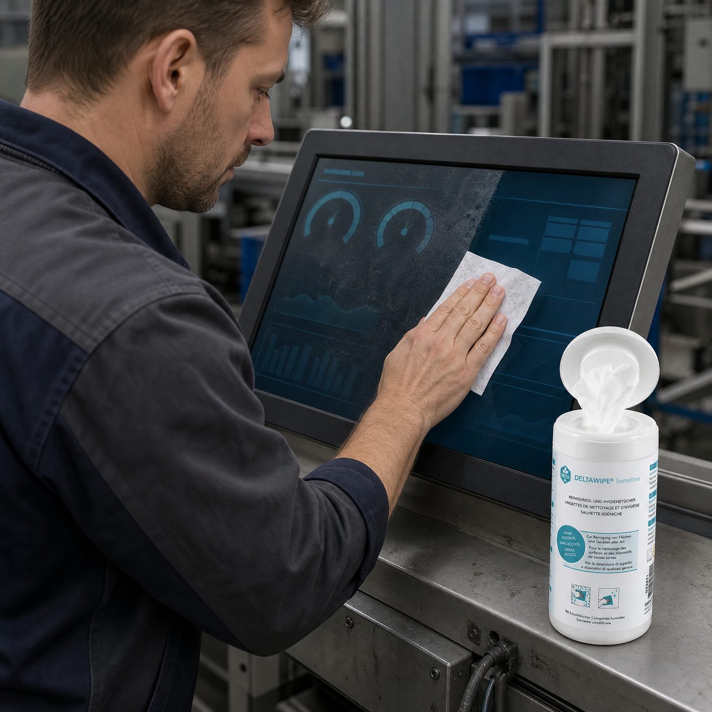 DELTAWIPE — Industrie-HMI-Touchscreen wird gereinigt, halb gewischt