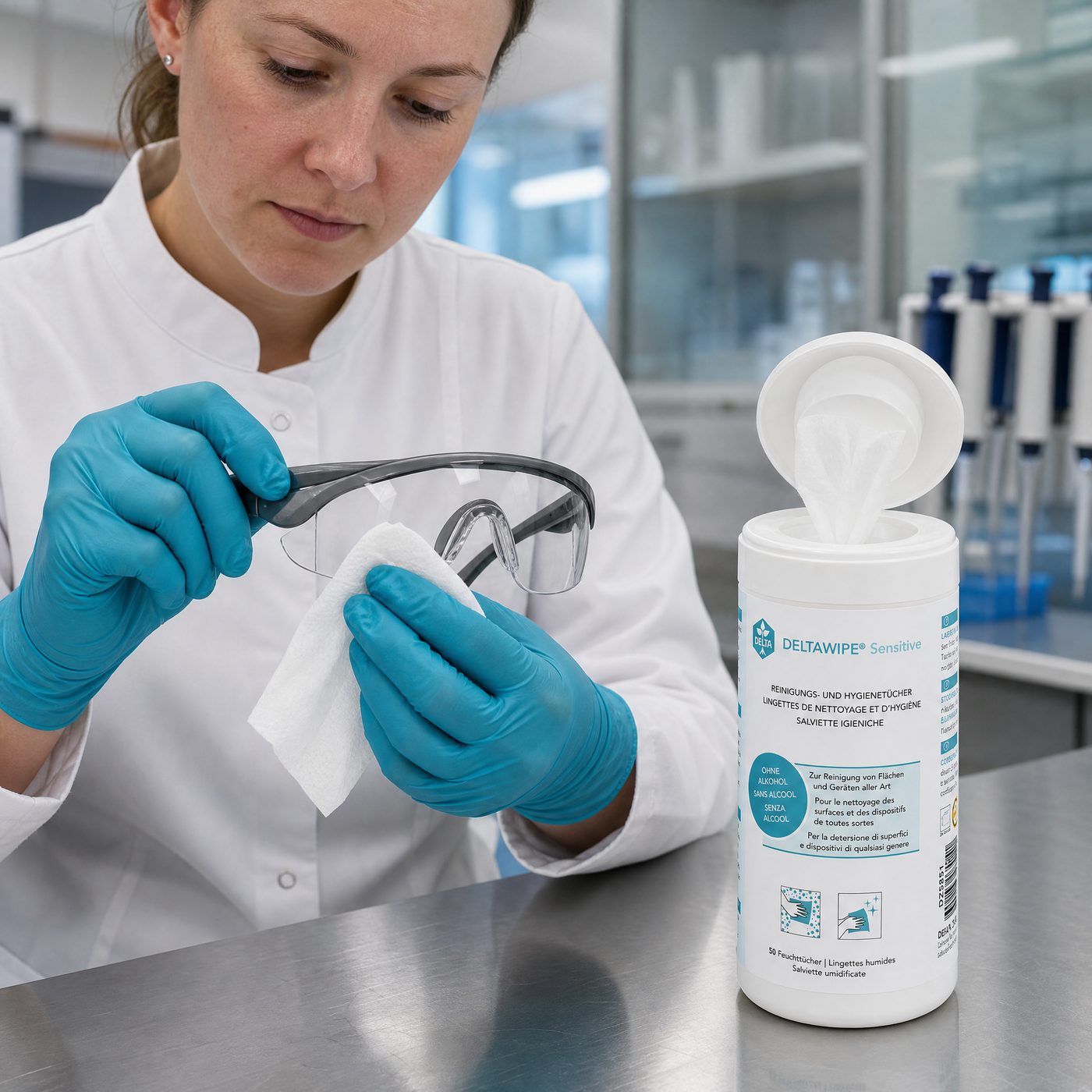 DELTAWIPE — Labor, Schutzbrille wird gereinigt