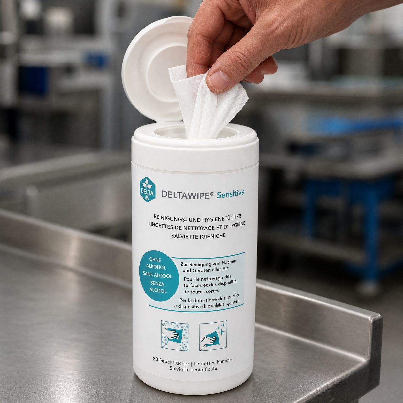 DELTAWIPE Sensitive 50 — Spenderdose am Arbeitsplatz, Tuch in der Entnahme