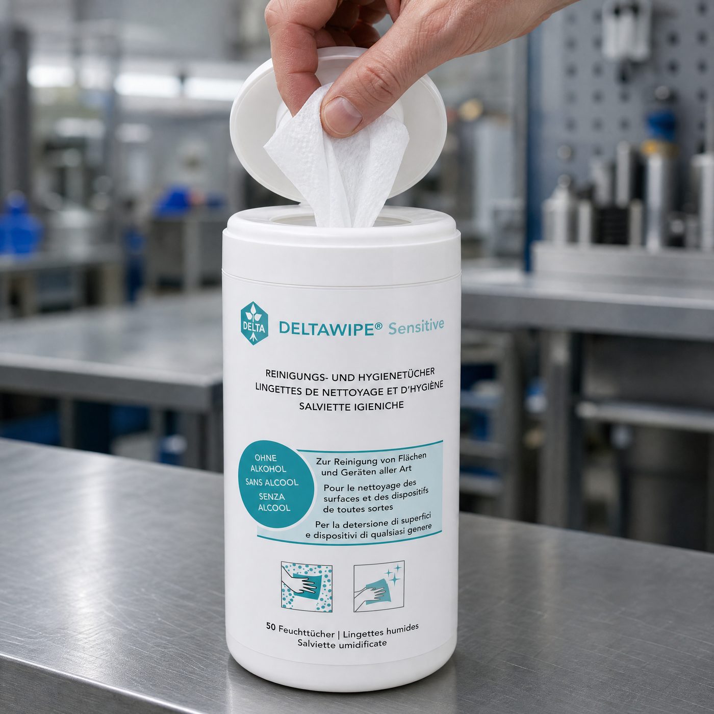 DELTAWIPE Sensitive 50 — Spenderdose am Arbeitsplatz, Tuch in der Entnahme